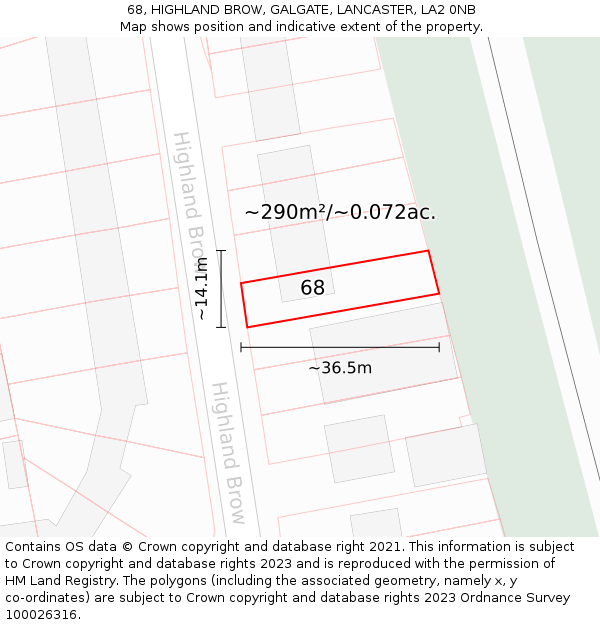 68, HIGHLAND BROW, GALGATE, LANCASTER, LA2 0NB: Plot and title map