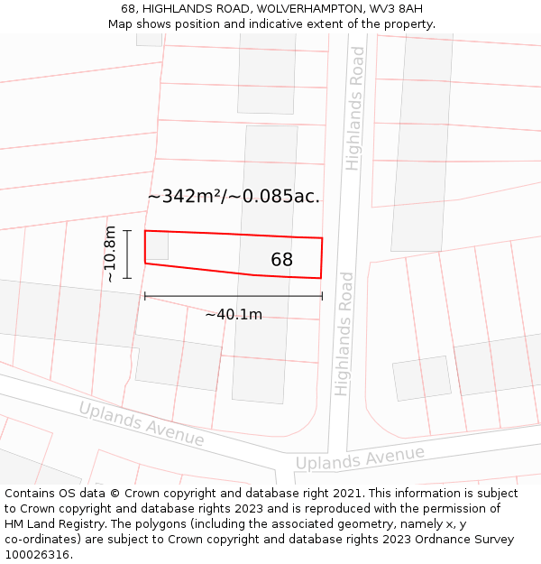 68, HIGHLANDS ROAD, WOLVERHAMPTON, WV3 8AH: Plot and title map