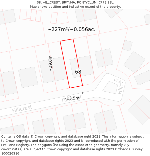 68, HILLCREST, BRYNNA, PONTYCLUN, CF72 9SL: Plot and title map