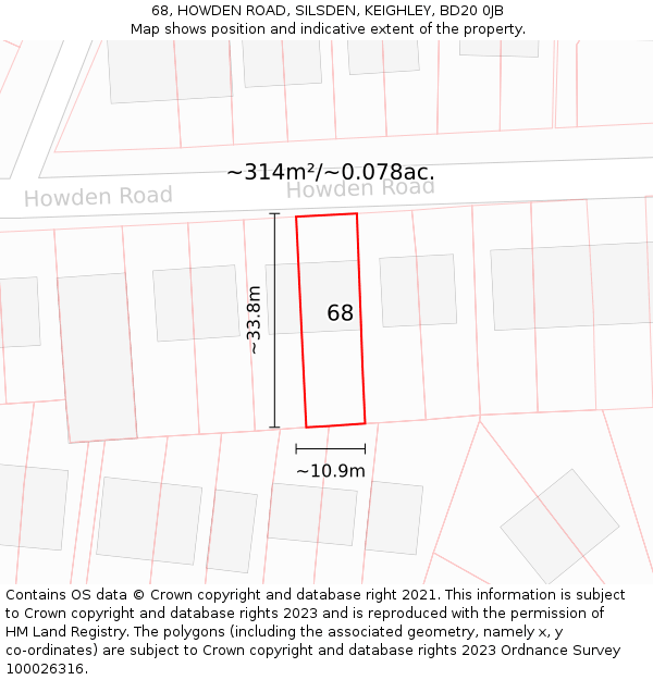68, HOWDEN ROAD, SILSDEN, KEIGHLEY, BD20 0JB: Plot and title map