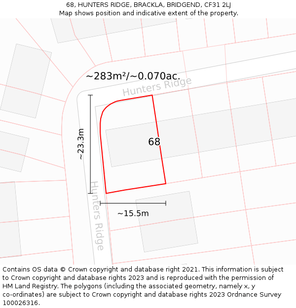 68, HUNTERS RIDGE, BRACKLA, BRIDGEND, CF31 2LJ: Plot and title map