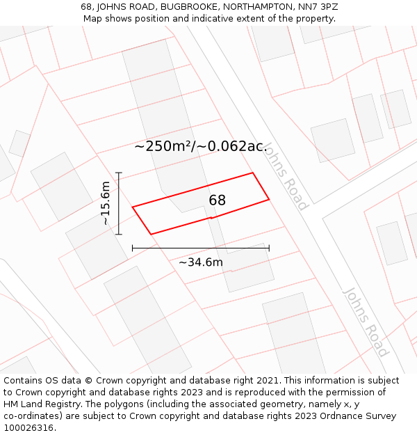 68, JOHNS ROAD, BUGBROOKE, NORTHAMPTON, NN7 3PZ: Plot and title map