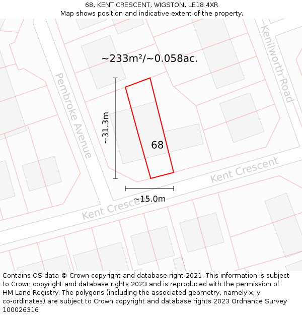 68, KENT CRESCENT, WIGSTON, LE18 4XR: Plot and title map