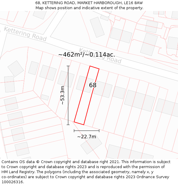 68, KETTERING ROAD, MARKET HARBOROUGH, LE16 8AW: Plot and title map