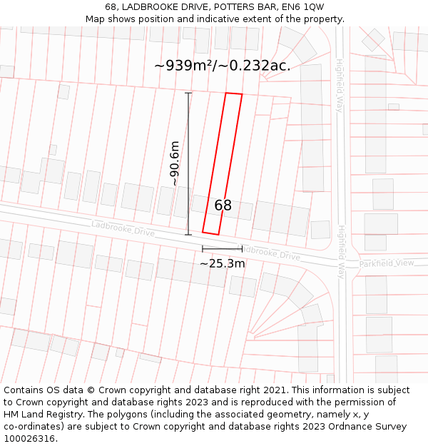 68, LADBROOKE DRIVE, POTTERS BAR, EN6 1QW: Plot and title map