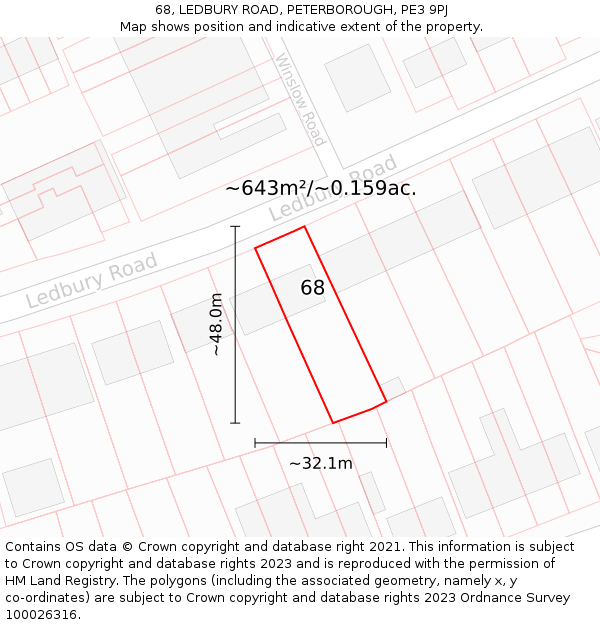 68, LEDBURY ROAD, PETERBOROUGH, PE3 9PJ: Plot and title map