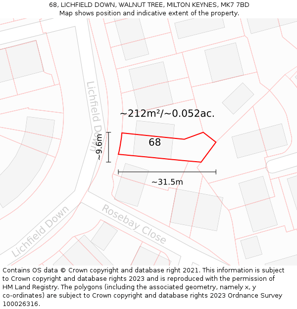 68, LICHFIELD DOWN, WALNUT TREE, MILTON KEYNES, MK7 7BD: Plot and title map