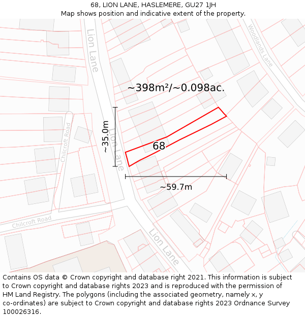 68, LION LANE, HASLEMERE, GU27 1JH: Plot and title map