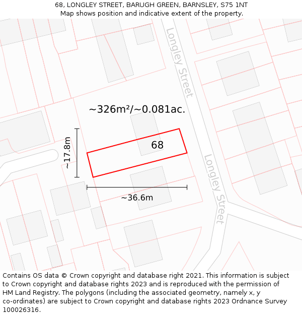 68, LONGLEY STREET, BARUGH GREEN, BARNSLEY, S75 1NT: Plot and title map