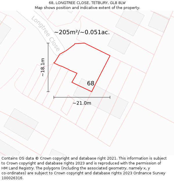68, LONGTREE CLOSE, TETBURY, GL8 8LW: Plot and title map