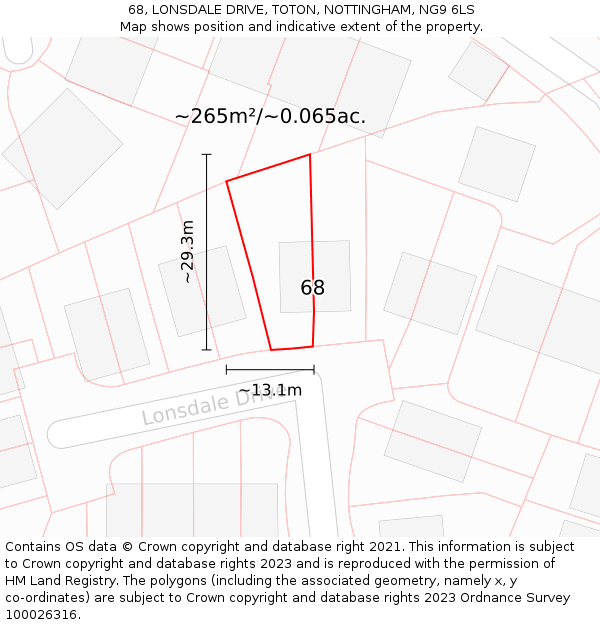 68, LONSDALE DRIVE, TOTON, NOTTINGHAM, NG9 6LS: Plot and title map