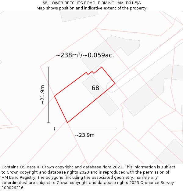 68, LOWER BEECHES ROAD, BIRMINGHAM, B31 5JA: Plot and title map