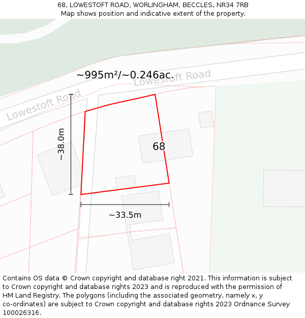 68, LOWESTOFT ROAD, WORLINGHAM, BECCLES, NR34 7RB: Plot and title map