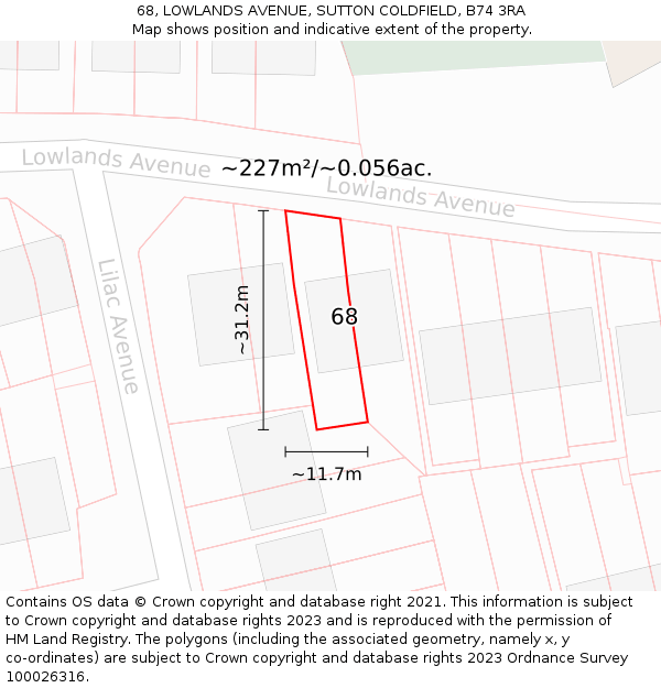 68, LOWLANDS AVENUE, SUTTON COLDFIELD, B74 3RA: Plot and title map