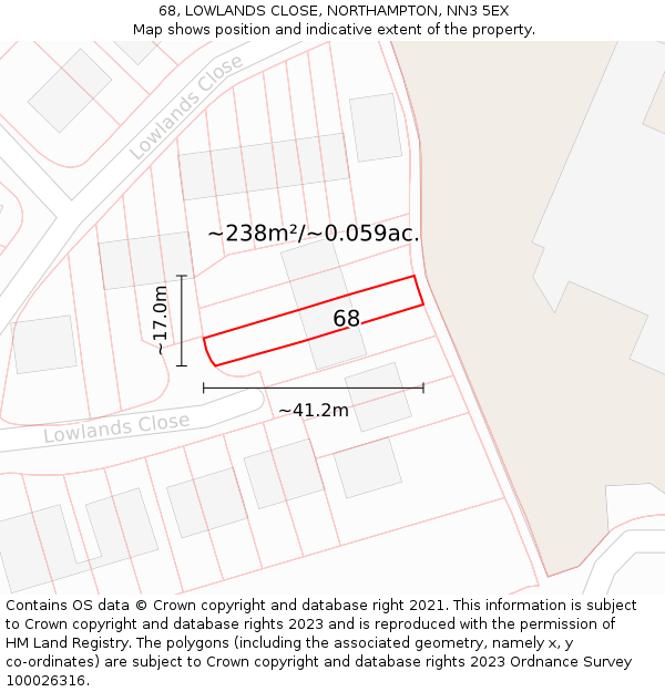 68, LOWLANDS CLOSE, NORTHAMPTON, NN3 5EX: Plot and title map