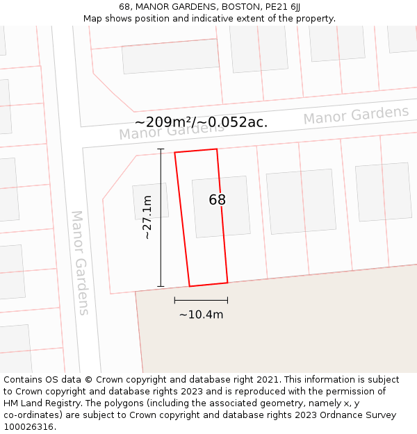 68, MANOR GARDENS, BOSTON, PE21 6JJ: Plot and title map
