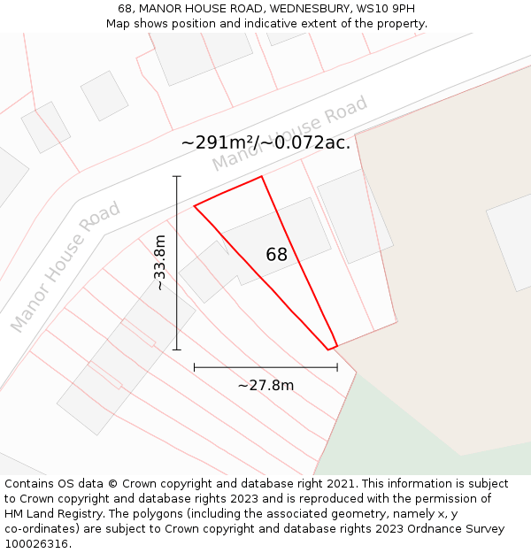 68, MANOR HOUSE ROAD, WEDNESBURY, WS10 9PH: Plot and title map