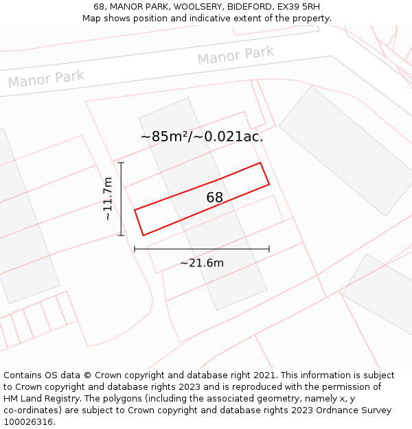 68, MANOR PARK, WOOLSERY, BIDEFORD, EX39 5RH: Plot and title map