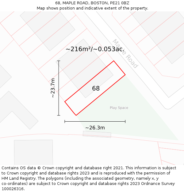 68, MAPLE ROAD, BOSTON, PE21 0BZ: Plot and title map