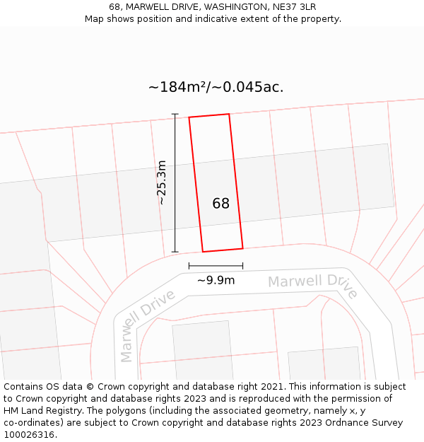 68, MARWELL DRIVE, WASHINGTON, NE37 3LR: Plot and title map