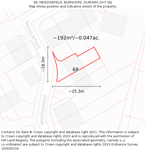 68, MEADOWFIELD, BURNHOPE, DURHAM, DH7 0EJ: Plot and title map