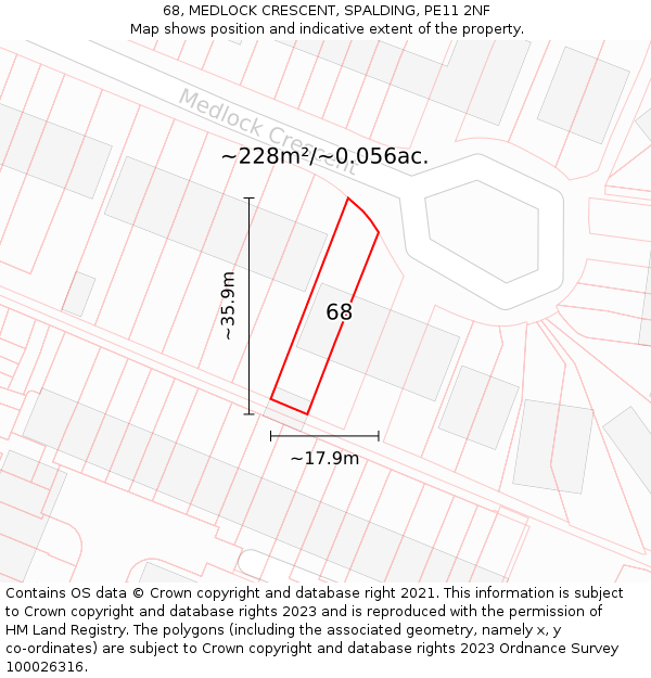68, MEDLOCK CRESCENT, SPALDING, PE11 2NF: Plot and title map