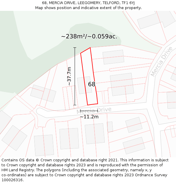 68, MERCIA DRIVE, LEEGOMERY, TELFORD, TF1 6YJ: Plot and title map