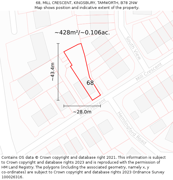 68, MILL CRESCENT, KINGSBURY, TAMWORTH, B78 2NW: Plot and title map