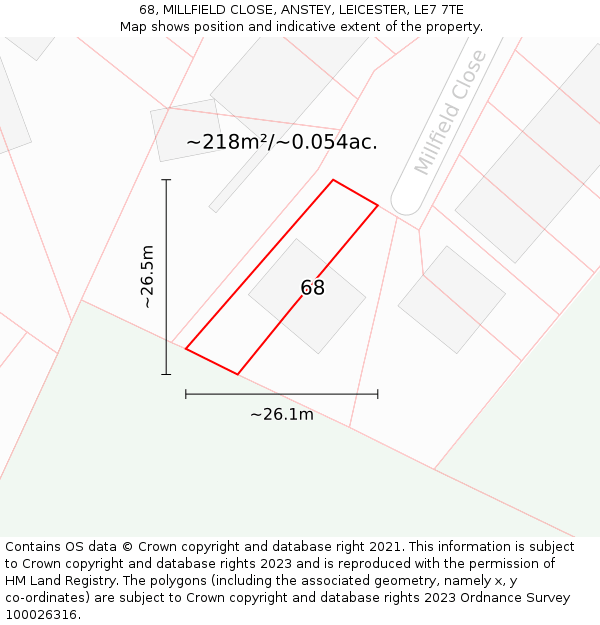 68, MILLFIELD CLOSE, ANSTEY, LEICESTER, LE7 7TE: Plot and title map