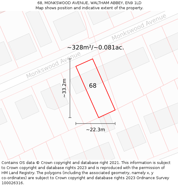 68, MONKSWOOD AVENUE, WALTHAM ABBEY, EN9 1LD: Plot and title map