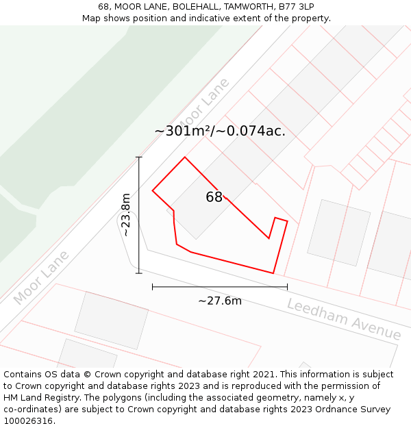 68, MOOR LANE, BOLEHALL, TAMWORTH, B77 3LP: Plot and title map
