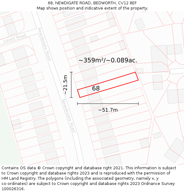 68, NEWDIGATE ROAD, BEDWORTH, CV12 8EF: Plot and title map