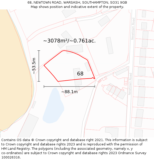 68, NEWTOWN ROAD, WARSASH, SOUTHAMPTON, SO31 9GB: Plot and title map