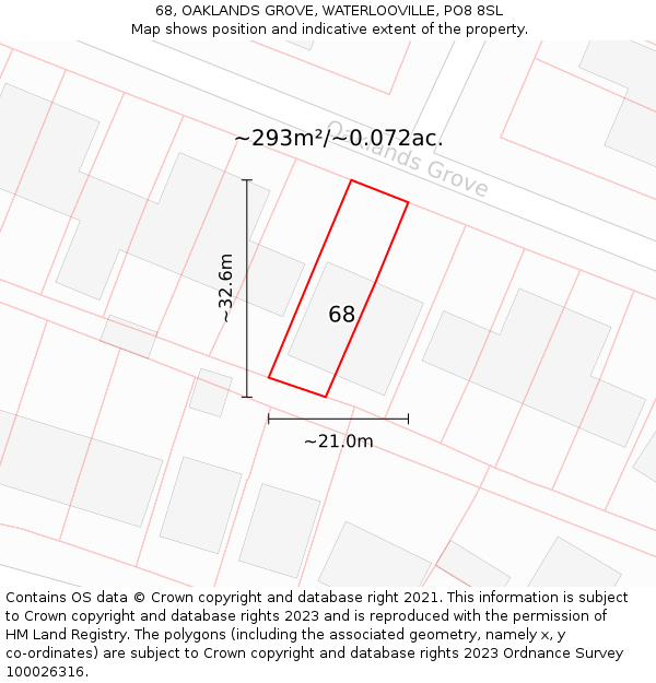 68, OAKLANDS GROVE, WATERLOOVILLE, PO8 8SL: Plot and title map