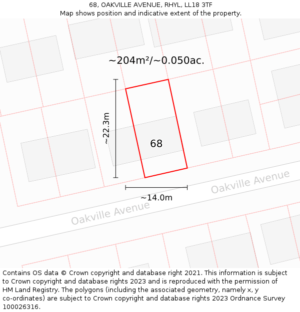 68, OAKVILLE AVENUE, RHYL, LL18 3TF: Plot and title map