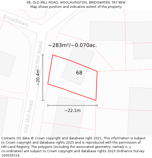 68, OLD MILL ROAD, WOOLAVINGTON, BRIDGWATER, TA7 8EW: Plot and title map
