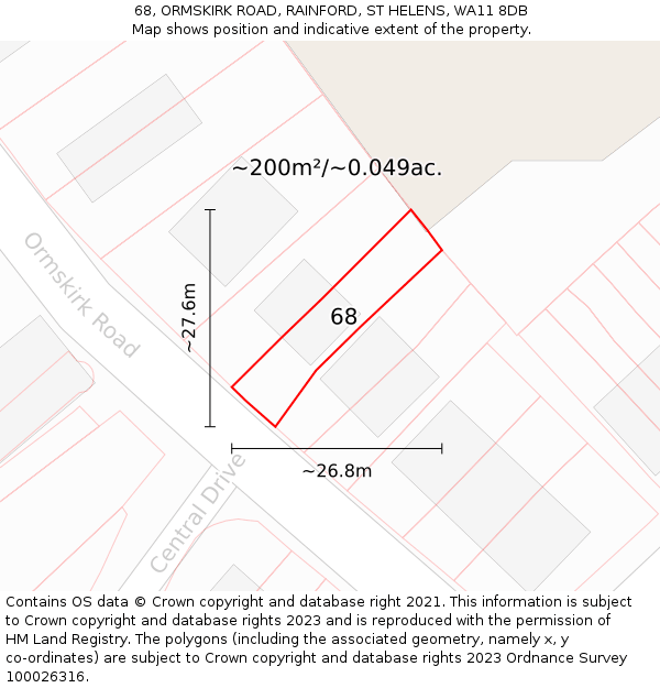 68, ORMSKIRK ROAD, RAINFORD, ST HELENS, WA11 8DB: Plot and title map