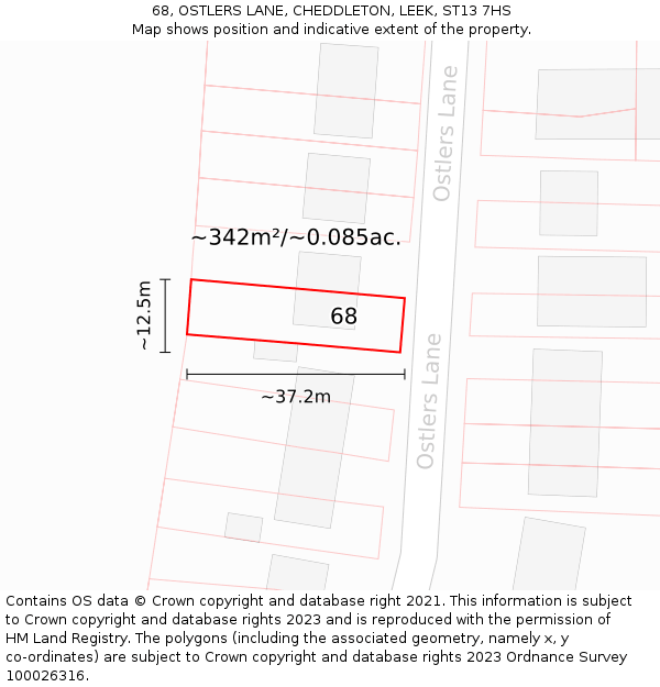 68, OSTLERS LANE, CHEDDLETON, LEEK, ST13 7HS: Plot and title map
