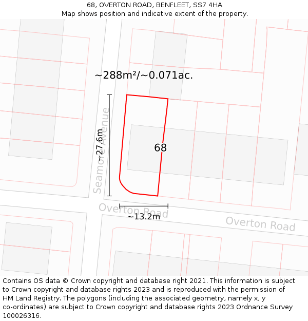 68, OVERTON ROAD, BENFLEET, SS7 4HA: Plot and title map