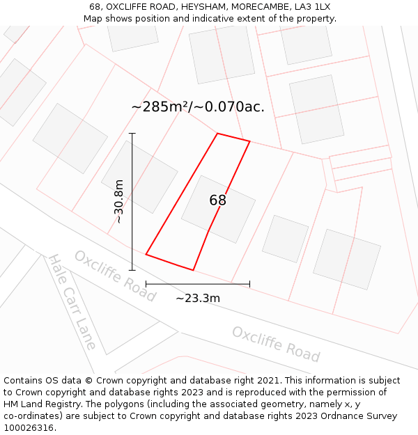 68, OXCLIFFE ROAD, HEYSHAM, MORECAMBE, LA3 1LX: Plot and title map