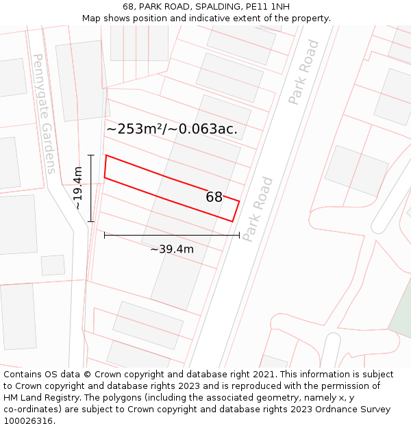 68, PARK ROAD, SPALDING, PE11 1NH: Plot and title map