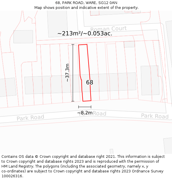 68, PARK ROAD, WARE, SG12 0AN: Plot and title map