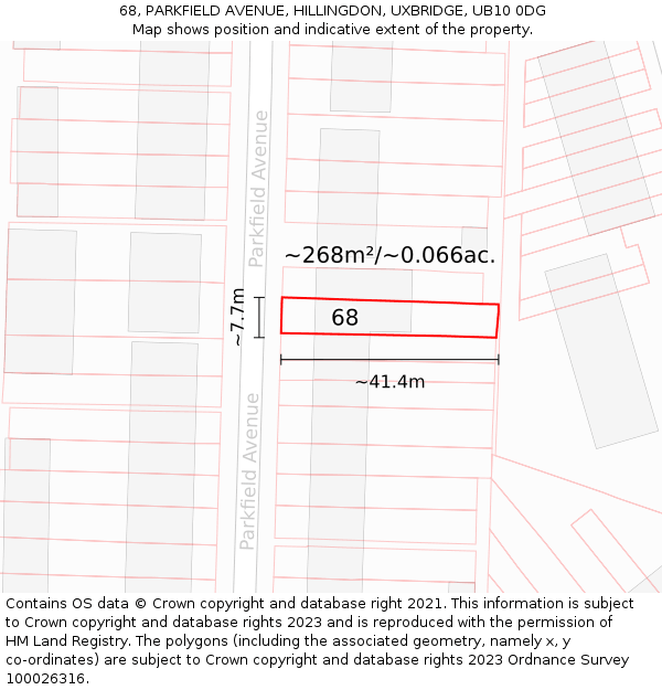 68, PARKFIELD AVENUE, HILLINGDON, UXBRIDGE, UB10 0DG: Plot and title map