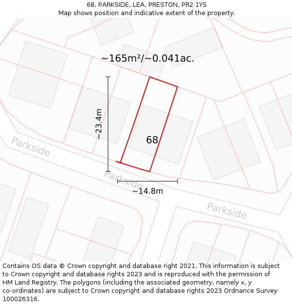 68, PARKSIDE, LEA, PRESTON, PR2 1YS: Plot and title map