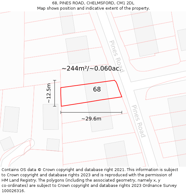 68, PINES ROAD, CHELMSFORD, CM1 2DL: Plot and title map