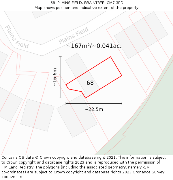 68, PLAINS FIELD, BRAINTREE, CM7 3PD: Plot and title map