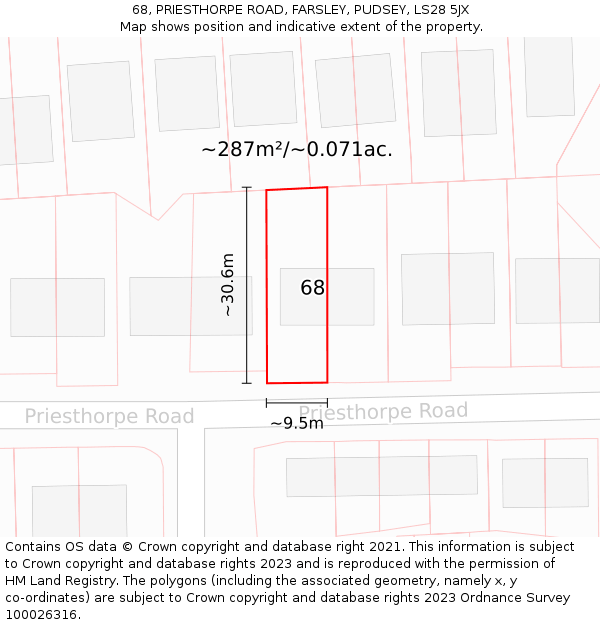 68, PRIESTHORPE ROAD, FARSLEY, PUDSEY, LS28 5JX: Plot and title map