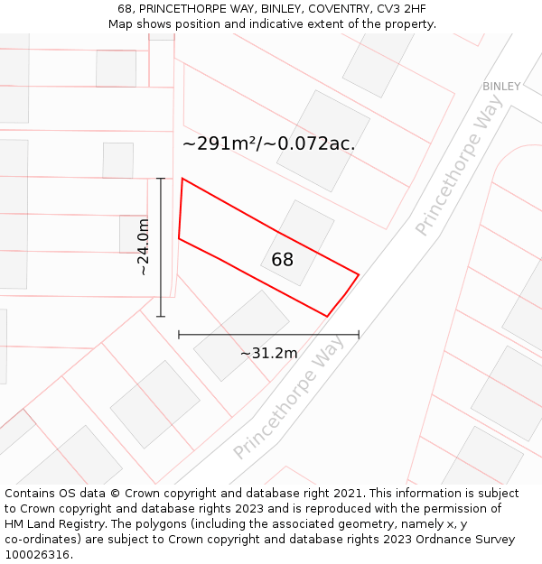68, PRINCETHORPE WAY, BINLEY, COVENTRY, CV3 2HF: Plot and title map