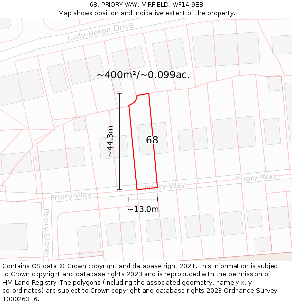 68, PRIORY WAY, MIRFIELD, WF14 9EB: Plot and title map