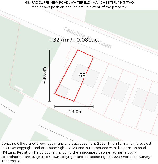 68, RADCLIFFE NEW ROAD, WHITEFIELD, MANCHESTER, M45 7WQ: Plot and title map